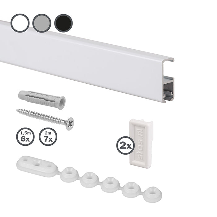 STAS cliprail pro 150 cm + monteringssats galleriskena levereras med allt du behöver för installationen.
