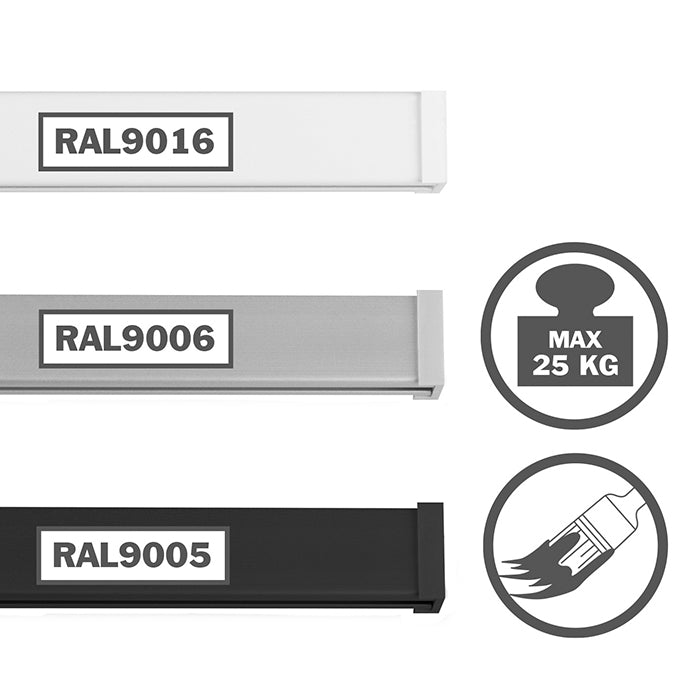 Tavelskena STAS minirail 150 cm + monteringssats är en patenterad skena med hög kapacitet på 25 kg/m.