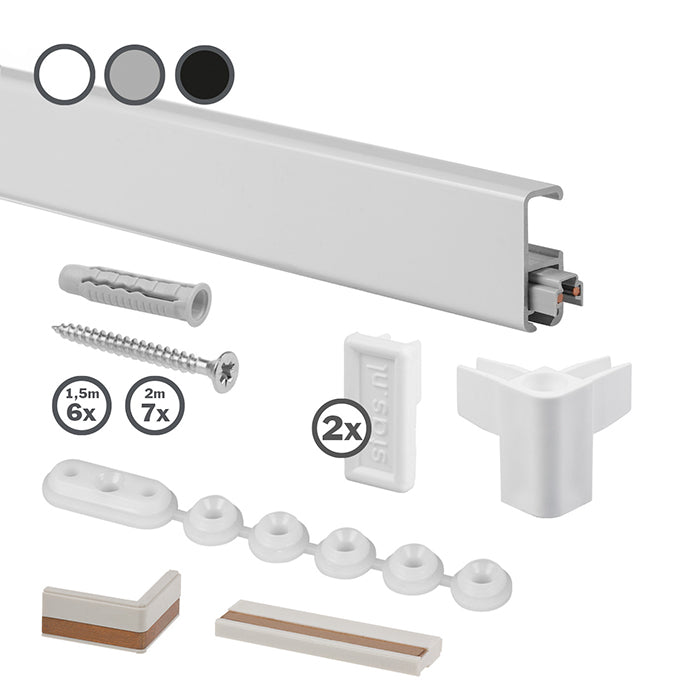 STAS multirail vit 150 cm + monteringssats erbjuder en aluminium meterskena som tål 45 kg/m.